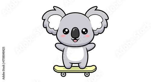 Cute cartoon koala character standing on a skateboard, , with a happy expression and big ears, suitable for childrens illustrations and designs