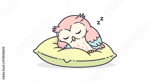 Cute cartoon owl sleeping peacefully on a yellow pillow, , representing rest and tranquility