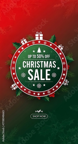 Wallpaper Mural Christmas sale banner with up to 50 off discount offer, decorated with gift boxes, snowflakes, and a christmas tree on a festive red and green background Torontodigital.ca