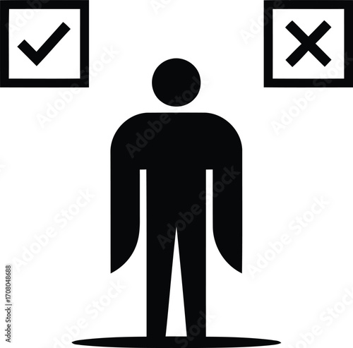 Person Standing Between a Right and Wrong Choice Represented by Check and Cross Marks, Symbolizing Decision Making and Weighing Options