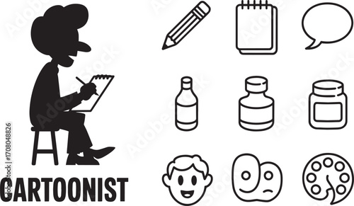 Cartoonist Silhouette with Drawing Tools Icons Set on Transparent Background Vector