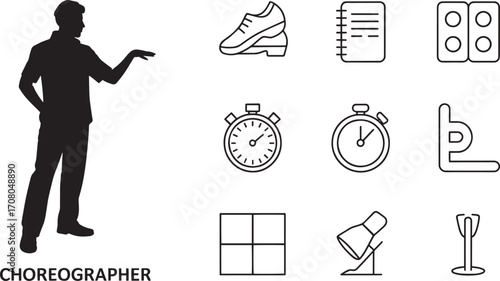 Choreographer Silhouette with Dance Related Icons Shoe Stopwatch Spotlight Symbol
