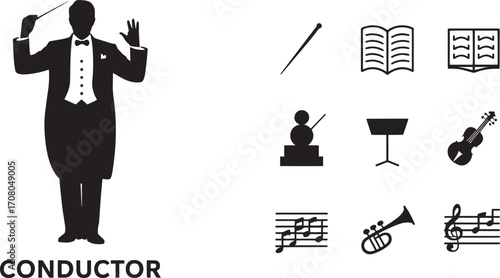 Conductor Silhouette with Orchestra Instruments Icons for Performance and Composition