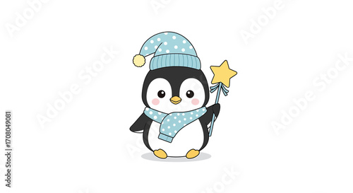 Cute cartoon penguin wearing a blue polka dot hat and scarf, holding a yellow star wand