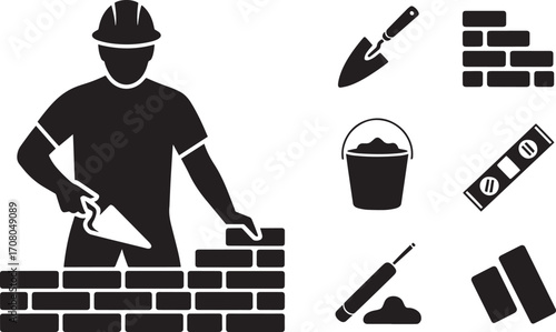 Construction Worker Building Brick Wall with Tools Silhouette Vector Illustration Art