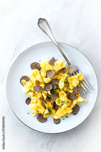 Wallpaper Mural Black truffle ravioli on the white. Italian autumn and winter recipes. Autumn gourmet cuisine of Piedmont, Northern Italy, France, Spain Torontodigital.ca