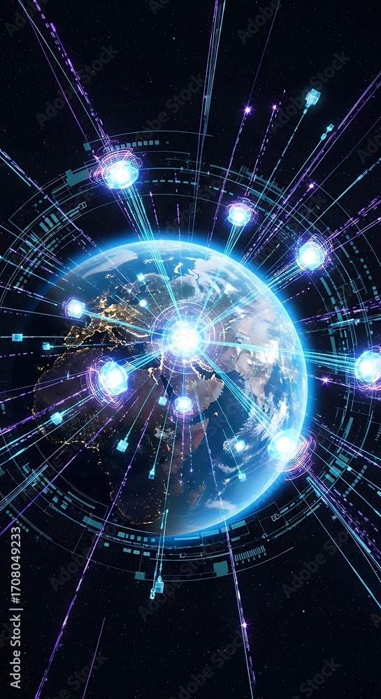 Obraz premium Global network connections radiating outward from a depicted planet, showcasing a futuristic, technological illustration.