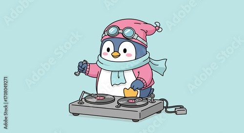 Cute cartoon penguin dj wearing a pink hat and scarf, spinning records on a turntable with a light blue background, perfect for winter or musicthemed designs