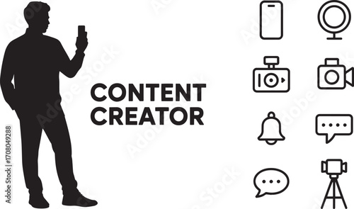 Content Creator Icon Set Vector Illustration with Silhouette and Social Media Elements
