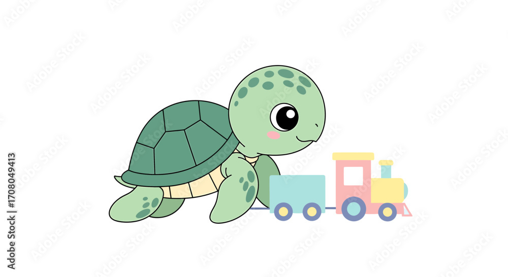 Fototapeta premium Cute cartoon baby turtle with a toy train, , perfect for childrens books and educational materials