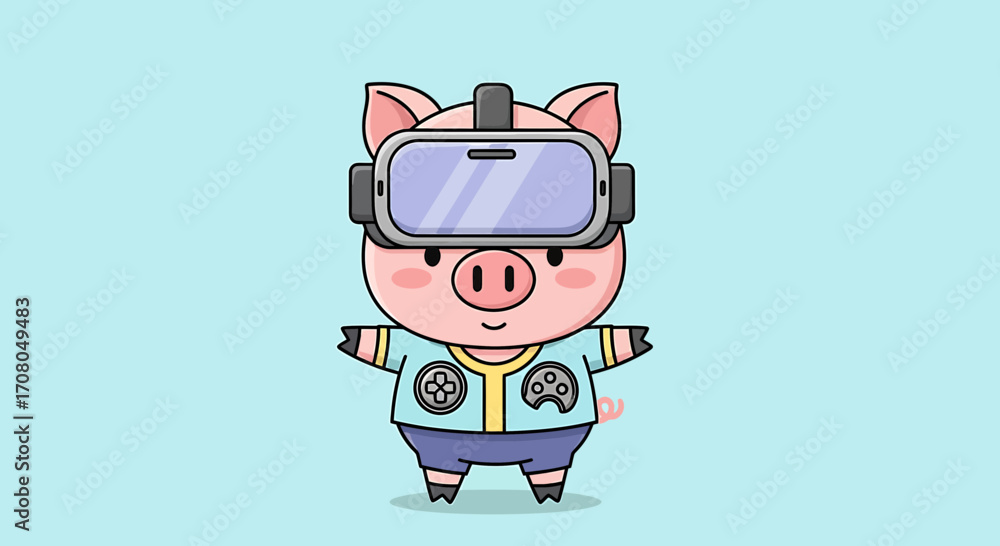 Fototapeta premium Cute cartoon pig wearing a virtual reality headset and a tshirt with game controllers, standing against a light blue background, representing technology and gaming fun