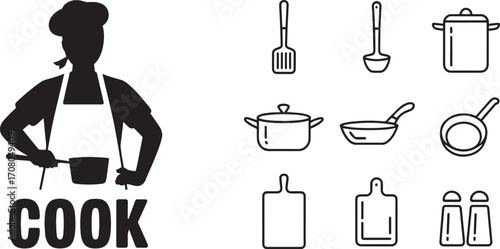 Cook Silhouette with Kitchen Utensils Representing Culinary Arts and Food Preparation