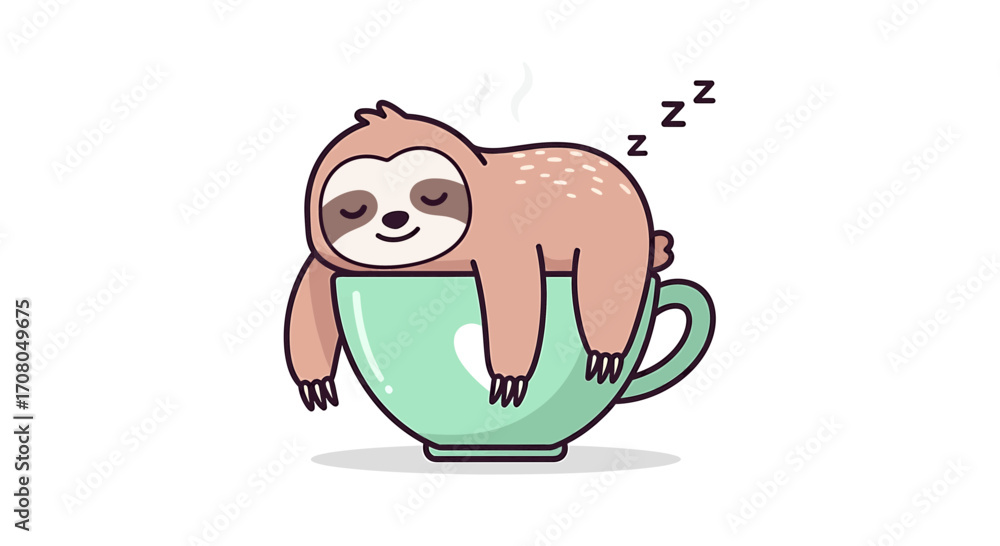 Obraz premium Cute cartoon sloth sleeping peacefully in a teal coffee cup, , with zzz symbols indicating sleep and steam rising from the cup, representing relaxation and a slow morning