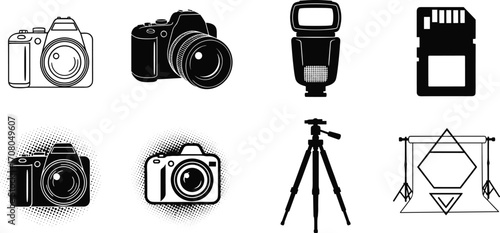 Digital camera, DSLR camera, photography flash, memory card, tripod, photo backdrop, photography icons, black and white, equipment, accessories, illustration