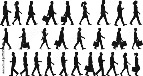 Multiple silhouettes of business men and women walking, carrying briefcases, professional office workers, corporate team, urban commute, formal attire, isolated on white background.