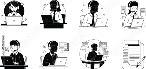 Vector illustration of customer service representatives with laptops and headsets, providing online support, communication, call center, remote assistance, business service concept