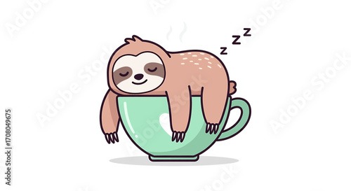 Cute cartoon sloth sleeping peacefully in a teal coffee cup, , with zzz symbols indicating sleep and steam rising from the cup, representing relaxation and a slow morning