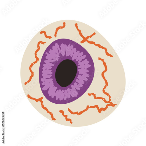 Eyeball with purple pupil and veins isolated. Eye for autumn halloween design.