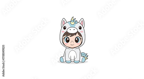 Cute cartoon child wearing a unicorn costume, sitting and smiling