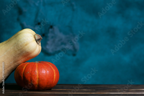 Butternut squash and orange pumpkin on dark wooden surface