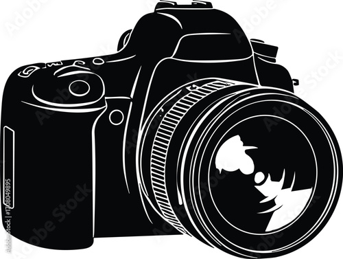 Vector illustration of DSLR camera with detailed lens, buttons, dials, grip, professional photography equipment, digital camera, creative studio concept