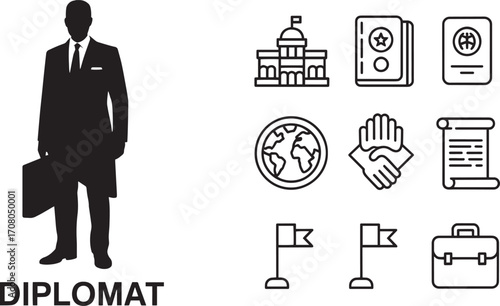 Diplomat Silhouette with Passport and Globe Icons for International Relations Design