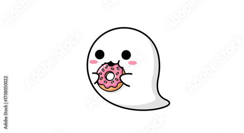 Cute cartoon ghost character happily eating a pink frosted donut with sprinkles