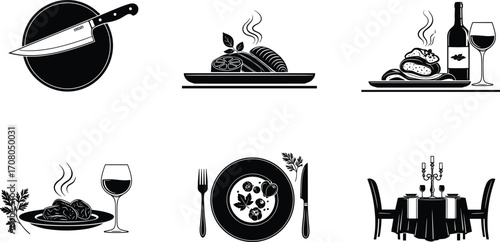 Vector illustration of dining and gourmet food with steaming dishes, wine, pancakes, salad, romantic table setup, fine dining, restaurant concept