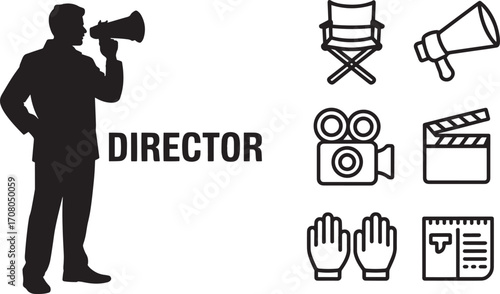 Director Silhouette with Filmmaking Equipment Icons Set on Transparent Background