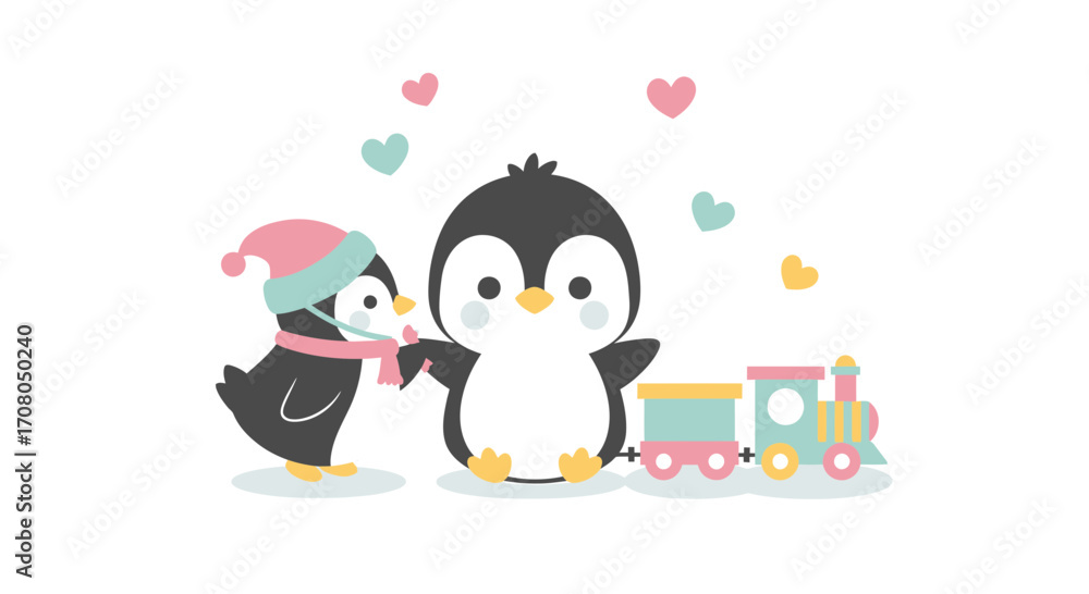 Fototapeta premium Cute cartoon penguins with a toy train