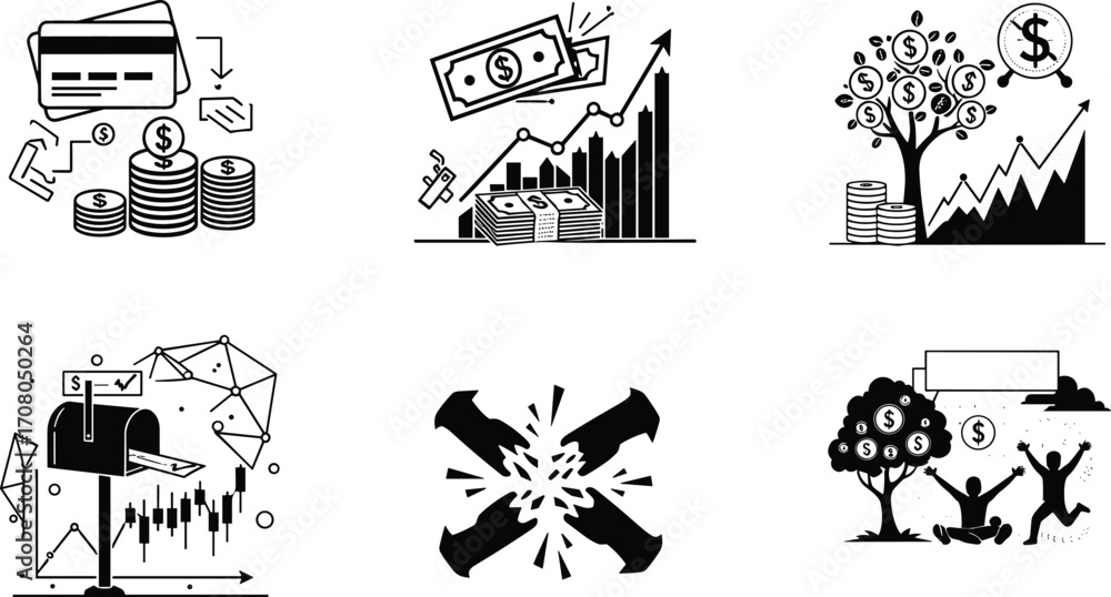 Fototapeta premium Vector illustration of finance concepts with credit cards, money growth, investment strategy, wealth tree, financial conflict, market analysis, economic discussion, banking