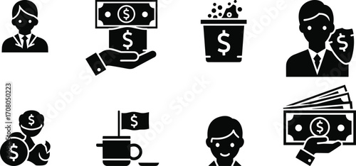 Vector illustration of finance and business icons with professional, payment, financial waste, protection, piggy bank, coffee, customer, money concept
