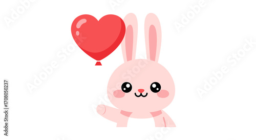 Cute pink bunny holding a red heart balloon