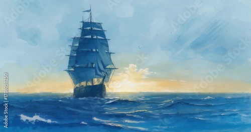 Sailing multi-masted ship eastward across waves, with sails filling breeze toward golden sunset