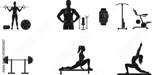 Vector illustration of fitness and exercise with weightlifting, gym equipment, smartwatch, exercise bike, stretching, yoga, strength training, workout concept