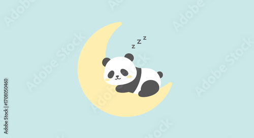 Cute cartoon panda sleeping on a crescent moon against a soft blue background, symbolizing dreams and peaceful slumber