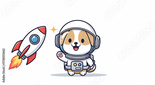 Cute cartoon dog astronaut waving happily next to a rocket ship