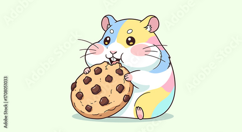 Cute cartoon hamster with colorful fur eating a chocolate chip cookie, isolated on a light green background, adorable pet illustration