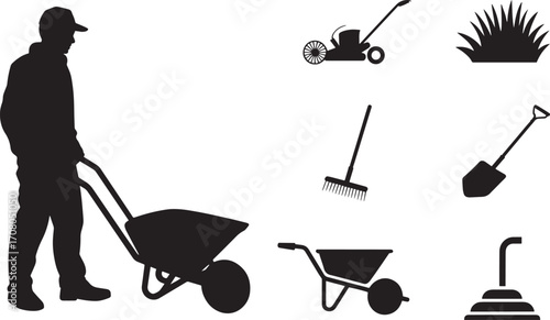 Gardener Silhouette with Gardening Tools Representing Landscaping and Outdoor Maintenance