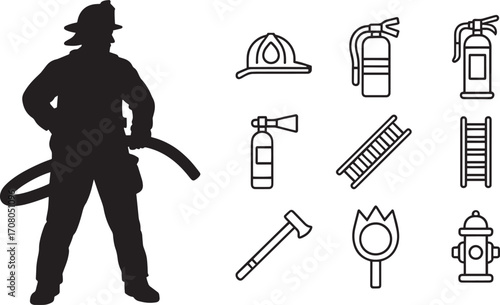 Firefighter Icon Set Silhouette Illustration with Equipment and Safety Gear Elements