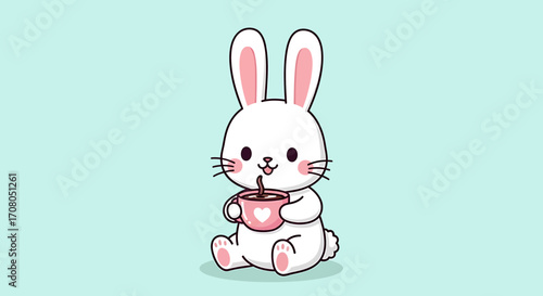 Cute cartoon white bunny rabbit sitting and drinking from a pink cup with a heart on it, against a light blue background, kawaii style illustration