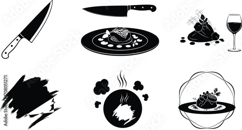 Vector illustration of gourmet food, chef knife, steak plate, wine glass, steaming dish, artistic culinary design, fine dining, restaurant concept