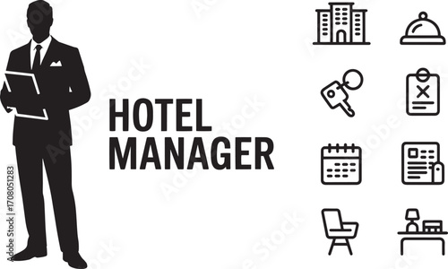 Hotel Manager Silhouette with Hospitality Icons for Service and Management Industry
