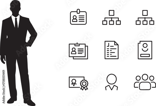 Human Resources Manager Silhouette with ID Card Org Chart Employee Icons Vector