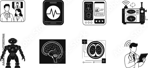 Vector illustration of healthcare technology icons including telemedicine, diagnostics, AI robot, brain, lungs, medical imaging, remote monitoring, digital health concept