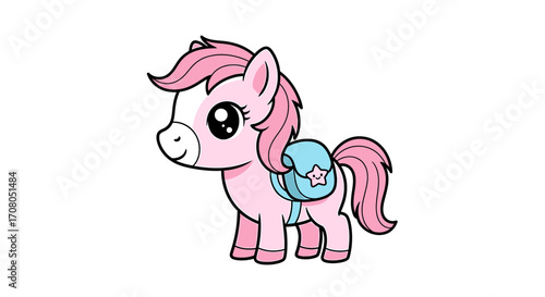 Cute pink cartoon pony with a blue saddlebag decorated with a star