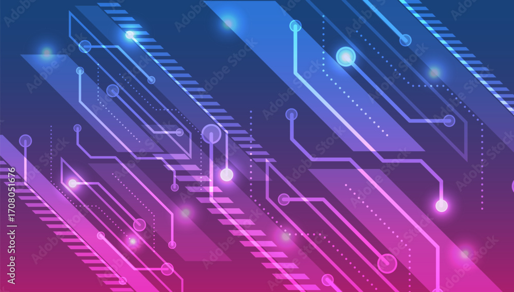 Obraz premium Futuristic abstract background with neon pink and blue circuit lines on a gradient surface, symbolizing technology, innovation, and digital connectivity.