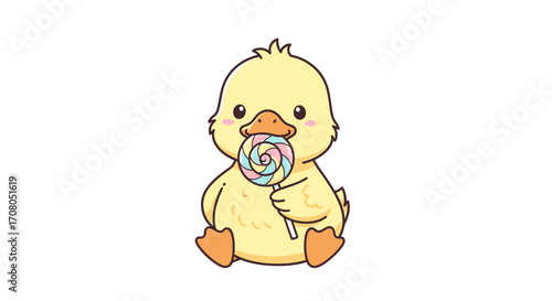 Cute cartoon baby duckling sitting and eating a colorful lollipop