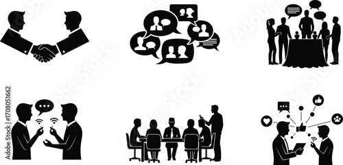 Vector illustration of professional communication with handshake, group discussion, meeting, brainstorming, digital networking, social media, teamwork, business interaction concept
