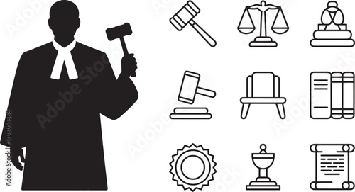 Judge Icon Set Vector Illustration with Law and Justice System Related Elements